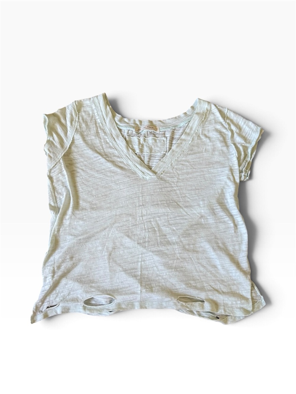 We The Free Distressed V-Neck Short Sleeve Top in Light Cream
